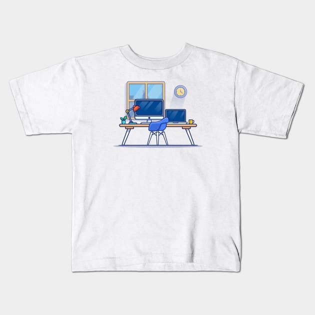 Workspace Computer Laptop With Lamp And Coffee Kids T-Shirt by Catalyst Labs